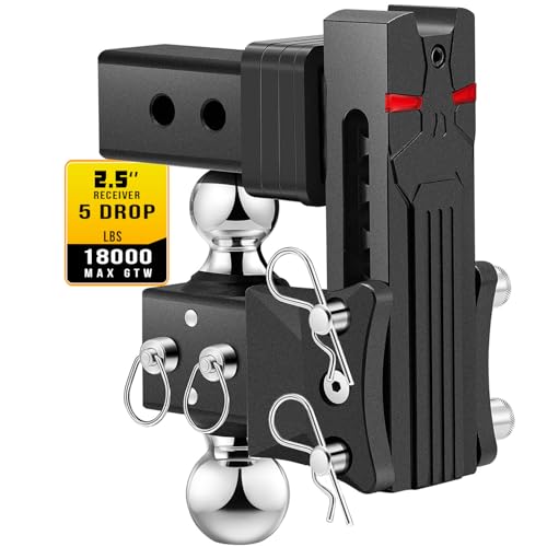 Airbird Anti-Rattle Adjustable Trailer Hitch Ball Mount, 2.5-Inch Receiver, 5-Inch Drop, 2 and 2-5/16-Inch Balls, 18,000 LBS, Truck Hook Dual Balls Mount for Towing RVs and Motorcycles