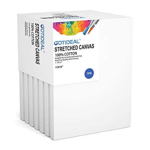 GOTIDEAL Stretched Canvas, 11x14 Inch Set of 7, Primed White - 100% Cotton Artist Canvas Boards for Painting, Acrylic Pouring, Oil Paint Dry & Wet Art Media