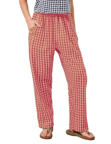 OLAPTA Women Plaid Print Gingham Comfy Lounge Pants Wide Leg Mid Rise Elastic Waist Loose Casual Long Trousers with Pockets