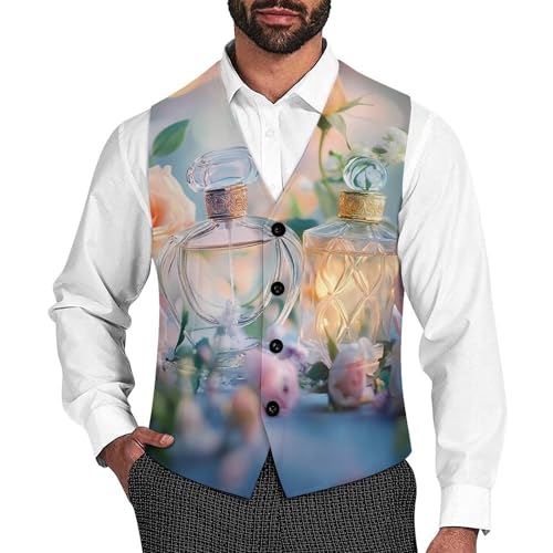 Perfume Rose Floral Mens Slim Fit Suit Vest Dress Waistcoat Casual Business Vest