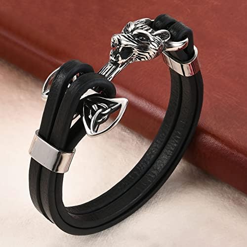 PiercingJak Mens Viking Wolf Head Thor's Hammer Mjolnir Bracelet Stainless Steel Celtic Knot Hammer Black Genuine Leather Bracelet Viking Wristband for Men