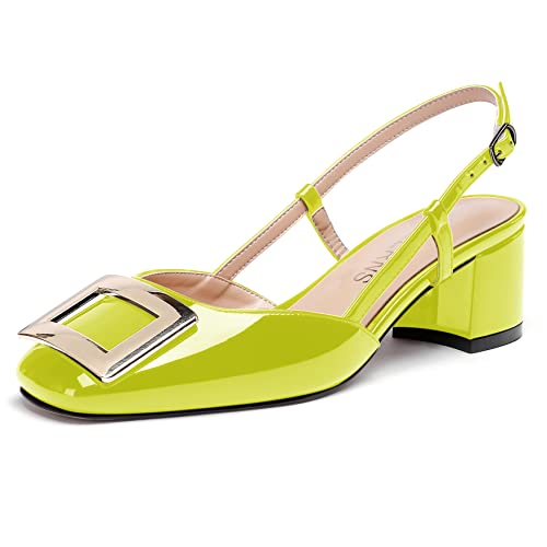 WAYDERNS Women's Square Toe Metal Rectangle Buckle Patent Slingback Chunky Low Heel Pumps Ladies Dress Shoes 2 Inch - Main Image