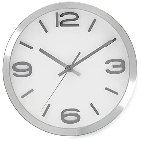 Bernhard Products Modern Wall Clock 10 Inch Silver Silent Non Ticking Battery Operated Round Elegant Metal Quality Quartz for Kitchen Home Office Clock with 3D Numbers, Easy to Read Cover