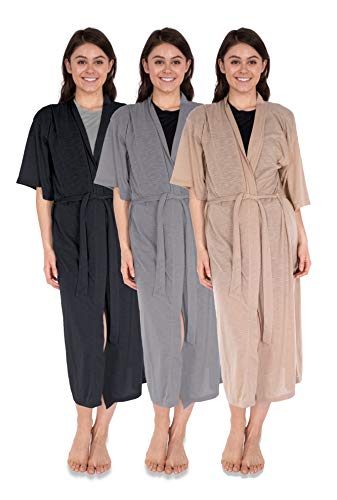 Sexy Basics Womens 3 Pack Soft Robes/Long Bathrobes/Silky Soft Semi-Sheer Kimono Spa Robe Wrap (3 Pack - Black/Khaki/Grey, Medium)