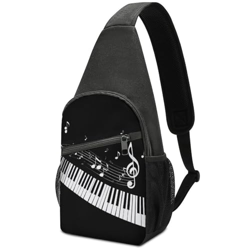 Versatile Unisex Musical Notes Black White Piano Keys Crossbody Bag, 15.4×8.3×3.5 Inch Chest Pack with Breathable Shoulder Strap and Mesh Side Pockets, Portable Sling Backpack