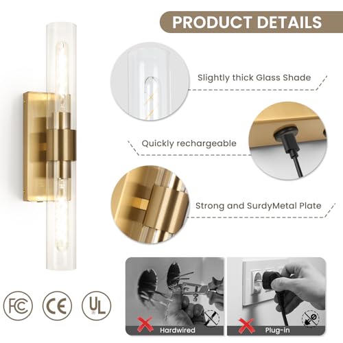 Image of Battery Operated Wall Sconce Set of Two, Rechargeable Wall Sconce, Gold Wall Lamp with Remote Controls, Indoor Non-Hardwired Bedside Wall Sconces, Gold Vanity Light for Bedroom, Hallway, etc