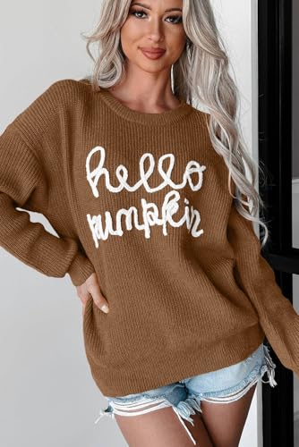 KevaMolly Womens Long Sleeve Sweaters Hello Pumpkin Graphic Sweater Casual Daily Slogan Sweater Tops3