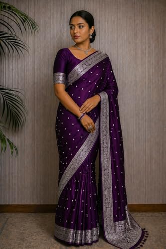 Image of Women's Glory Kanjivaram Banarasi Silk Saree with Polka Dot Embroidery Blend Woven Zari with Jacquard Woven Unstitched Blouse Piece.
