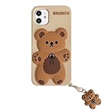 Ultra Thick Soft Silicone Case with Charm Keychain for Apple iPhone 12 Mini 5.4 Brown Bear Teddy Bow Animal 3D Cartoon Color Cute Lovely Fun Adorable Kawaii Kids Girls Boys