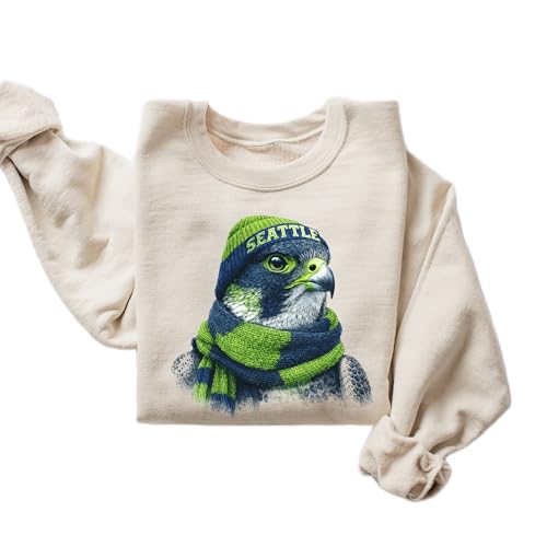 Seattle Football Mascot Sweatshirt | Cozy Unisex Crewneck | Blue & Green Falcon Design | Game Day Pullover for Men and Women | Soft Winter Sweatshirt (Sand S)