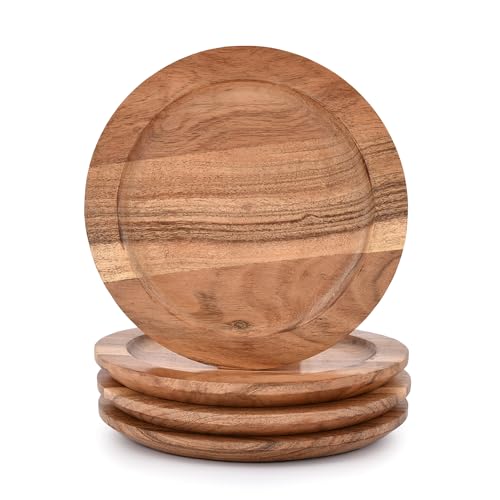 Indus Lifespace Juego de 4 platos redondos de madera de acacia, centro de mesa, platos de comedor para sándwiches, ensaladas, decoración de mesa o reunión familiar (20,32 cm x 20,32 cm x 1,90 cm)