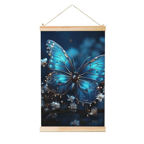 Poster papillon bleu et lune en bois vintage suspendu de salon decor chic 50x75 cm