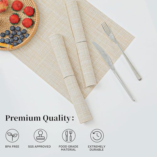 Image of Placemats Set of 6 Dining Table Place Mats | Placemats Table Mat PVC Material | Non-Slip Heat Resistant | Dining Tablemates Washable Anti-Skid | Size 45 x 30cm (Beige)