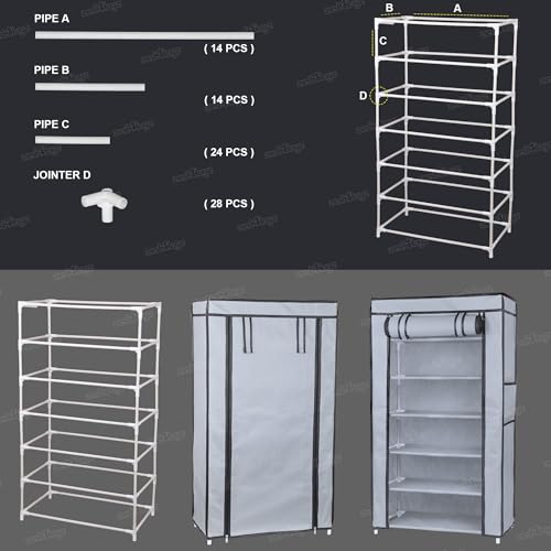 Image of Zest 4 Toyz 6 Shelf Shoe Rack for Home with Zip Door Cover & Side Pockets Shoe Stand Multipurpose Storage Rack for Footwear Toys Clothes with Dustproof Cover (Grey)