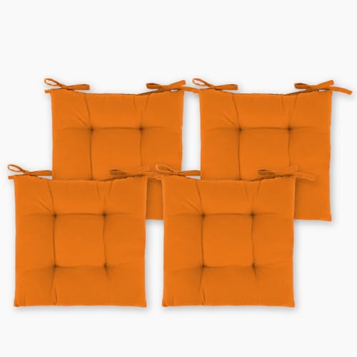 Koisas Kasa - Pack 4 Cojines para Sillas con Cintas Tamaño 40 x 40 x 8 cm Estampados Lisos, Ideal para Comedor, Terraza, Sala y Restaurante, Relleno 100% Poliuretano (Naranja)