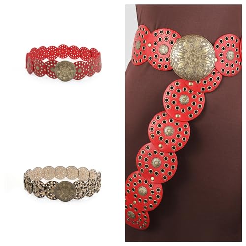 Belts for Women,Womens Leather Belt,Round Disc Hollowed PU Belt for Jeans Pants Waist Decors Large Eyelet Wide Belt for Jeans Shorts Women Waist Accessories(Red)2