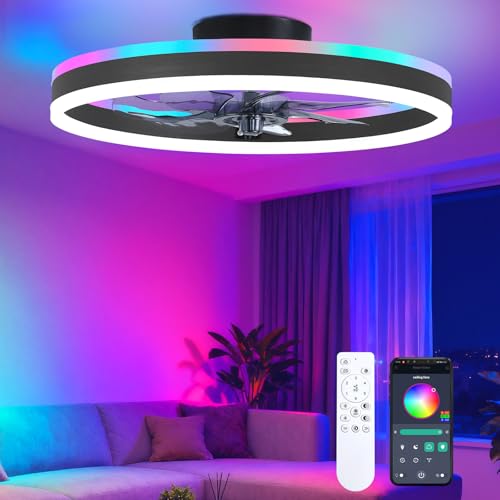 ORITHAM RGB Ceiling Fans with Lights, 20" Fandelier Low Profile Ceiling Fan with Light, Modern Flush Mount Ceiling Fan Light with Remote/APP Control, Bedroom Chandelier Fan Fixture for Indoor(Black)