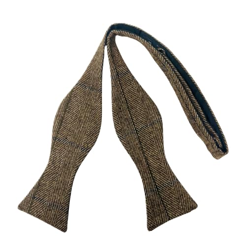 King & Priory Luxury Peanut Brown Herringbone Check Self-Tie Bow Tie, Tweed
