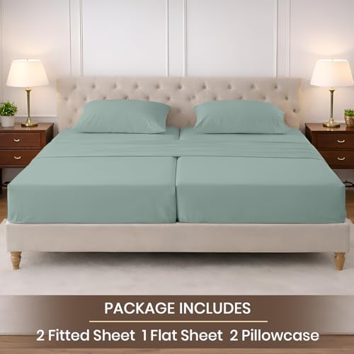 Image of SGI Split King Sheet Set for Adjustable Bed Egyptian Premium Cotton 600 Thread Count Sheets for Sleep Number Bed 15 inch Deep Pocket 5 Pc Set with 2 Twin XL Fitted Sheets Soft Breathable -Aqua Green