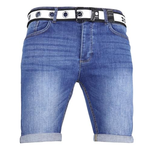 Crosshatch Denim Shorts Mens Stretch Belted Turn Up Knee Length for Summer, Holiday, Golf by Jeanbase Midwash 34