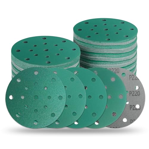 Image of 6 Inch 17 Hole Zirconia Hook & Loop Sanding Discs Assortment - 80, 120, 150, 180,220 Grit (10 /Each), Heavy-Duty Polyester Film Backing, Wet Dry Anti-Clog for Random Orbital Sanders - 50 Pack