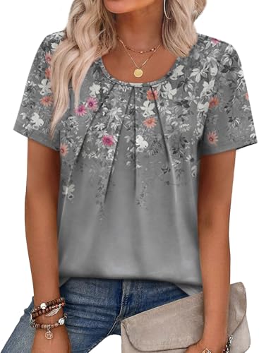 Image of WIHOLL Women T Shirts Pleated Short Sleeve Tops Business Casual Dressy Blouses