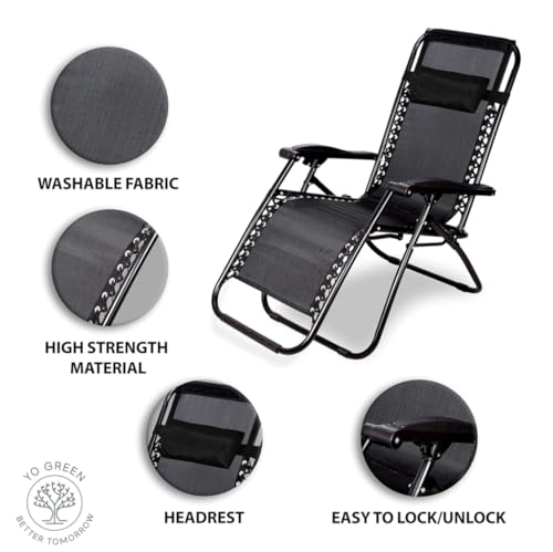 Image of Yo Green Stainless Steel Zero Gravity Chair, Lawn Chair Recliner Lounge, Portable Camping Folding Beach Chair with Removable Pillow (Black)