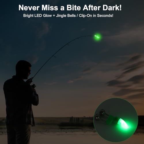 Eucredy 25 PCS Fishing Rod Bells with Tip up Lights, Dual Fishing Bite Alarms for Fishing Poles, Bright LED Fishing Lights for Night Fishing, Ice Fishing, Anti-Slip Clip Fishing Alert Bells for Rods - Thumbnail 2