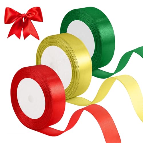 GUOYOU 3 rolos fita Natal 25 mm * 22,8 m laços presente fita presente pode ser cortado decoração natalícia para embrulhar presentes Natal, flores ou artesanato (vermelho, verde, dourado)