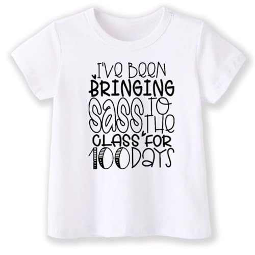 Image of Kids Little Boys Girls 100 Days of School Shirt Short Sleeve Funny Graphic Letters Print Celebration Top