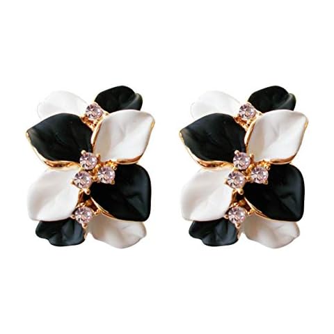 Navachi 18k Gold Plated White Crystal White Black Enamel Leaves Flower Az1141 Omega Back Earrings Cover