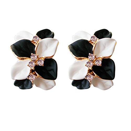 Navachi 18k Gold Plated White Crystal Double Enamel Leaves Flower Omega Back Earrings