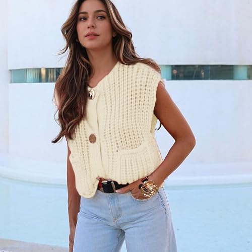 Image of Hixiaohe Womens Crochet Chunky Knit Top Sleeveless Button Down Crop Tops Trendy Cardigan Sweater Vest for Women with Pockets