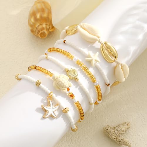 iF YOU Ankle Bracelet Set for Women, 14k Gold Waterproof Seashell Pearl Heart Starfish Conch Link Chain Anklets Set, Boho Bead Layered Anklet Bracelets for Women Beach Gift 6pc (gold-01) by iF YOU - Used condition - US$8.89