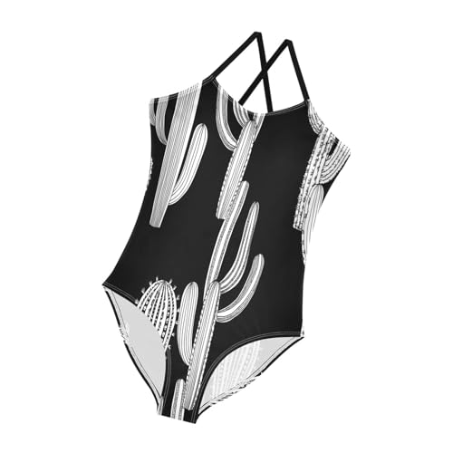 Cacti Black White Unique Girls' Swimwear with Adjustable Shoulder Strap, Beach Swimsuit, 3-104