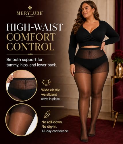 Image of MERYLURE Plus Size Sheer Tights for Women,20D Control Top Pantyhose Reinforced Toes High Waist Stockings 3 Pairs 1XL-6XL