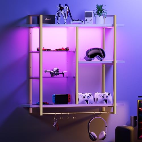 BELLEZE 40" Floating Shelves, LED Display Shelves with 4 Tier Storage Rack, Wall Mounted Hanging Shelf with 6 Hooks, Wine Coffee Bar Rack for Kitchen