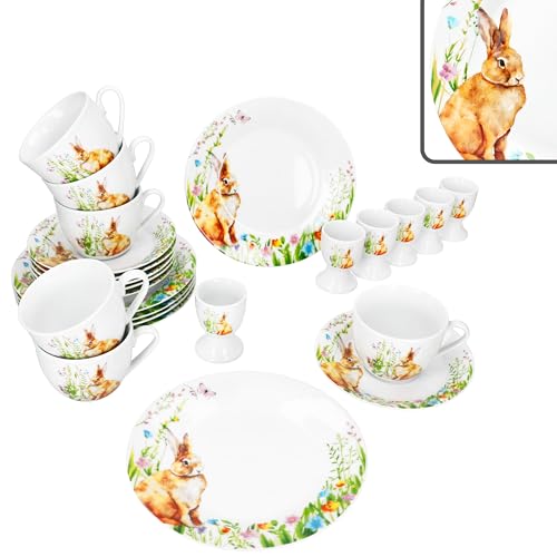 MamboCat Osterfreude 24tlg Frühstücksset I 6x Kuchenteller, 6x Kaffeetassen 200 ml, 6x Untertassen & 6x Eierbecher mit Osterhasen-Dekor I 6 Personen, Porzellan I Frühstück & Kaffee