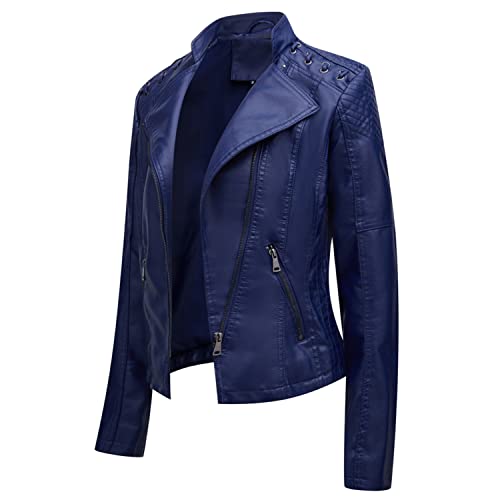 Lu's Chic Women's Motorcycle Jacket Ladies Fashion Dressy Vegan Faux Leather Biker Coat Light Suede Slim Fit Crop Blazer Outerwear Short Moto Leather Jacket Navy 8 #TOP2
