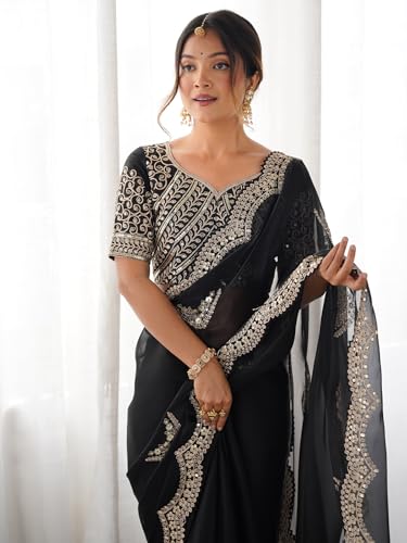 Image of Satrani Women's Tissue Silk Sequin Embroidery Scalloped Border Saree with Unstitched Blouse Piece