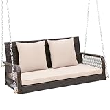 Tangkula Wicker Outdoor Porch Swing, 800 LBS Capacity Outdoor Swing Bench with Hanging Chains, Back and Seat Cushions, 2-Seater Hanging Patio Bench for Deck, Garden, Yard (Beige)