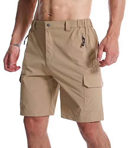 Mens Outdoor Casual Expandable Waist Lightweight Water Resistant Quick Dry Cargo Camping Fishing Hiking Shorts Khaki #TOP2