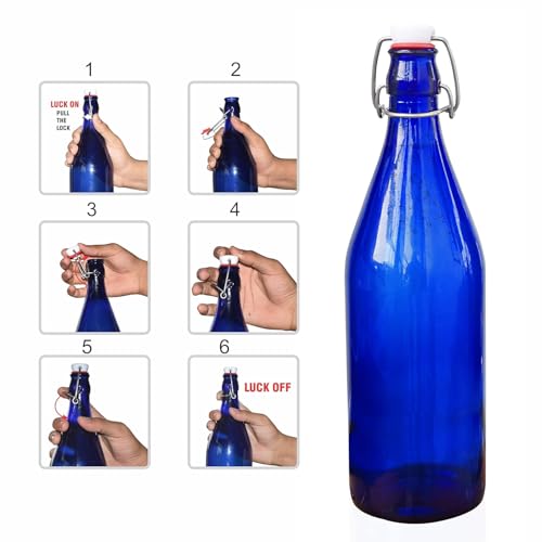 Image of Pure Source India Leak-Proof Reusable Blue Glass Water Bottle 1L with Airtight Steel Lock (Set of 6)