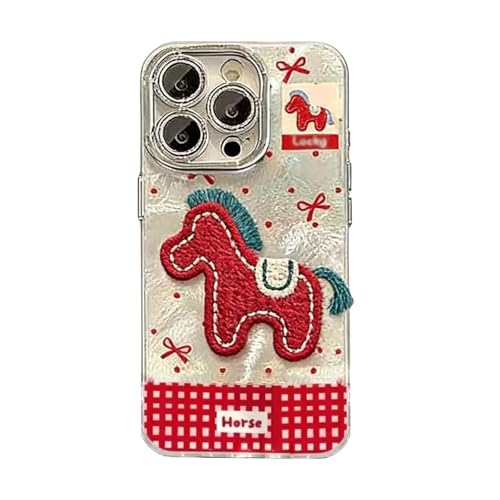 2026 Embroidered Pony Lanyard New Year Phone Case for iPhone 17/16/15/14/13/12 Plus Pro Max Series, Year of The Horse Cute Horse