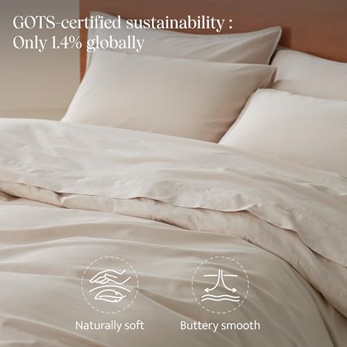 Double Stitch by Bedsure Organic Cotton Duvet Cover King Set - 300 TC Luxury Sateen Weave, 100% GOTS Certified Long Staple Cotton, Soft Breathable Cover Made in India, 1 Duvet Cover, 2 Shams,Oat