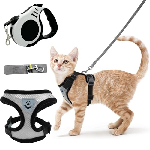TenaLucy Pettorina Gatto(Grigio), Guinzaglio per Gatti(Bianco), Pettorina per Gatti Antifuga in Maglia Traspirante, Guinzaglio Gatto con 5M per Cuccioli Passeggiate all'aperto