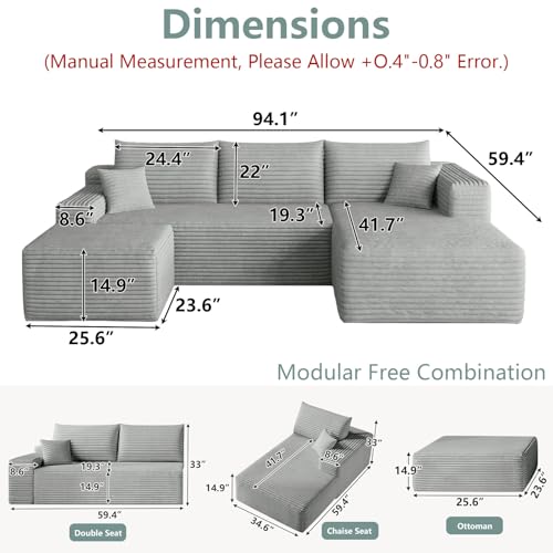 Image of Boneless Cloud Couch Comfy Sectional Couches for Living Room,U Shaped Sofa Couch in a Box with Ottoman Deep Seat Memory Foam Compressed Sofa(Light Gray, 95 inch Right Facing Chaise)
