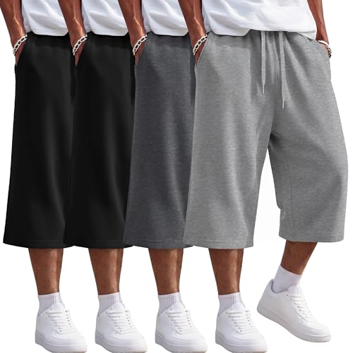 Ficerd 4 Pack Mens Baggy Capri Pants 3/4 Below Knee Shorts Wide Leg Drawstring Sweatpants Athletic Long Shorts with Pockets(XX-Large Light Heather Gray Charcoal Gray Black Black)
