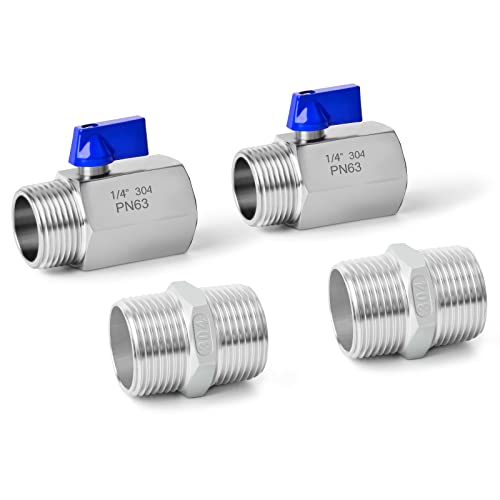 ERGAOBOY 2 Piezas 1/4 Hembra x 1/4 Macho BSP Rosca Resistente 304 Válvula de Bola de Acero Inoxidable Con 2 Piezas 1/4 SUS 304 Conector Hexagonal Macho