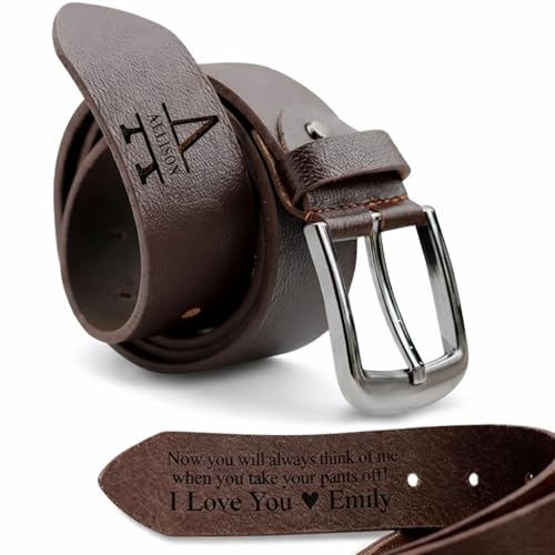 YEWBEE Personalized Leather Belt for Men – Custom Engraved Gifts – Premium Full Grain Leather Belt for Casual & Dress Wear, Anniversary, Birthday and Christmas Gift (Brown)